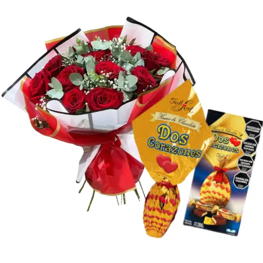 Ramo de 12 rosas y huevo de pascua dos corazones